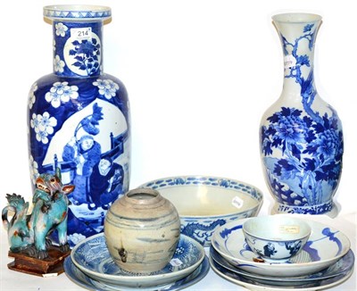 Lot 214 - Chinese blue and white vase, similar smaller vase, bowl, five plates, ginger jar and pottery...