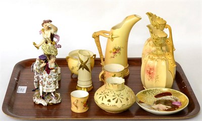 Lot 221 - Five pieces of Royal Worcester blush ivory including a jug, spill vase etc; together with pair...