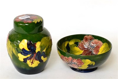 Lot 237 - A Walter Moorcroft Hibiscus patter ginger jar and cover and similar bowl