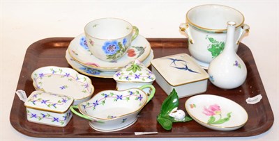 Lot 250 - A group of Herend porcelain including a breakfast trio, a cache pot, bottle vase, three dishes, two