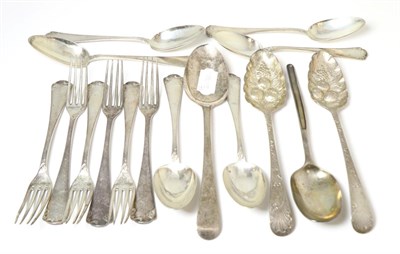 Lot 258 - A group of silver and white metal flatware, comprising: a pair of George III table spoons later...