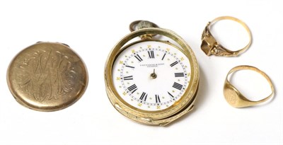 Lot 259 - A ladies fob watch, case stamped '18K', 9 carat gold fob watch case back and two yellow metal rings