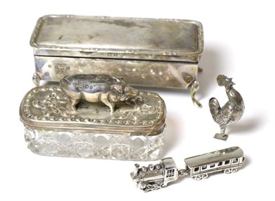 Lot 276 - A silver topped cut glass box with novelty silver pin cushion top modelled as a pig, marks...