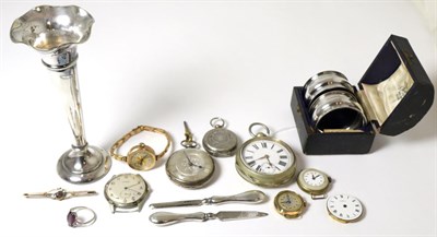 Lot 277 - Silver pocket watch, fob watch stamped 0.800, nickel pocket watch, pair of silver napkin rings,...