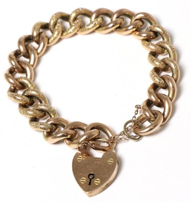 Lot 281 - A 9 carat gold bracelet with part engraved links and heart shaped padlock clasp