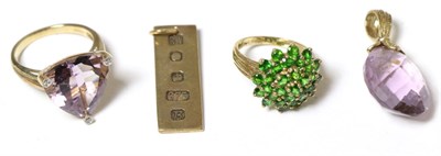 Lot 288 - A 9 carat gold amethyst ring, an amethyst pendant, a chrome diopside ring and a 9 carat gold...