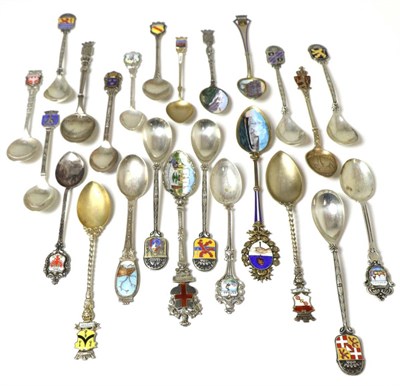 Lot 289 - A quantity of Continental silver and white metal souvenir spoons, mostly European cities, the...