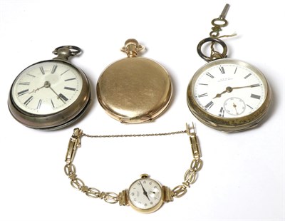 Lot 291 - A silver open faced Waltham pocket watch, silver pair cased pocket watch, gold plated full...