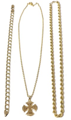 Lot 302 - A cross pendant on chain stamped '585', a 9 carat gold bracelet (a.f.) and a 9 carat gold rope...