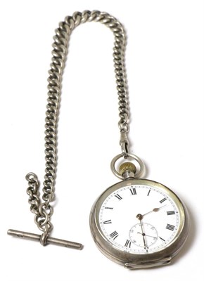 Lot 304 - Silver pocket watch with T bar chain