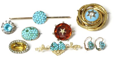 Lot 307 - Three Victorian turquoise set brooches, a pair of turquoise set earrings and four paste set...