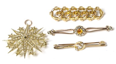 Lot 311 - A citrine and seed pearl set bar brooch, stamped '9CT'; a Victorain hoop brooch, stamped '10';...