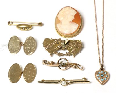 Lot 312 - A pair of 9 carat gold cufflinks, cameo brooch, three Victorian brooches, a pearl brooch and a...