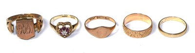 Lot 317 - Two 9 carat gold band rings and three other 9 carat gold rings (two cut)