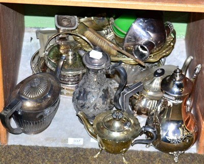 Lot 337 - Two shelves of silver plate including tea sets, candlesticks etc