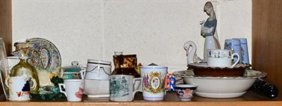 Lot 353 - Shelf of various ceramics including Nao, Chintz wares, Scottish pottery, jade carving of a bear...