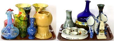 Lot 376 - Small group of ceramics and glass including Gouda wares, Victorian enamelled coloured glass etc (on