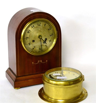 Lot 382 - Edwardian mahogany mantel clock, together with a Smith's brass bulkhead clock (2)