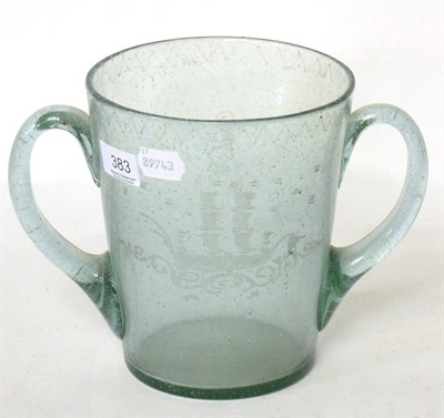 Lot 383 - A 19th century twin handled glass ice bucket, with etched decoration depicting a ship