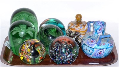 Lot 384 - Three Sunderland dump paperweights, together with Caithness paperweights and millefiori vase