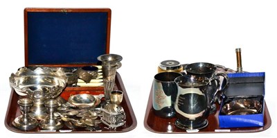 Lot 386 - Group of silver including pedestal bowl, quaich, dwarf candlesticks, mustard, spoons etc,...