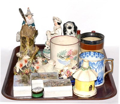 Lot 387 - Tray of Staffordshire figures, three Pratt ware boxes and covers, sprig ware beaker, enamel trinket