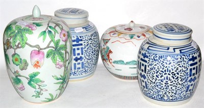 Lot 388 - Pair of decorative 20th century Chinese blue and white jars and covers, together with...