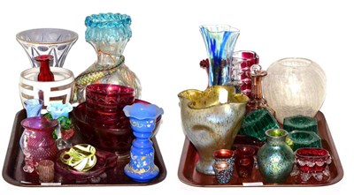 Lot 390 - Three trays of 19th century glass including Loetz, gilded flash glass, French enamelled glass...