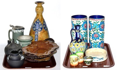 Lot 391 - Two trays including Wedgwood Jasperware, Doulton Slater vase, Moorcroft Florian ware vase...