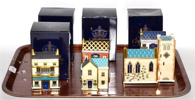 Lot 394 - Seven Royal Crown Derby building form paperweights consisting of  'The Nelson Pub', 'Goviers...