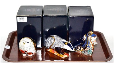 Lot 395 - Three Royal Crown Derby animal paperweights, 'Old Imari Hedgehog' (with box), 'Woodland Badger'...