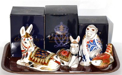 Lot 401 - Four Royal Crown Derby paperweights 'Macaque' (with box), 'Manifold Wren' (with box), 'Holly...