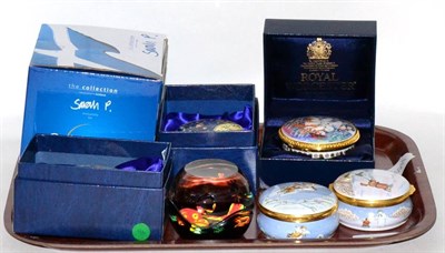 Lot 403 - Four Royal Doulton limited edition enamel boxes, Royal Worcester box 'Christmas Tales' and a...