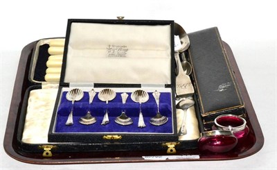 Lot 411 - Silver comprising cased set of onslow pattern teaspoons, pair of silver rimmed cranberry glass...