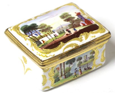 Lot 420 - A French enamel patch box, 18th century, landscape decoration, gilt embellished, original mirror to