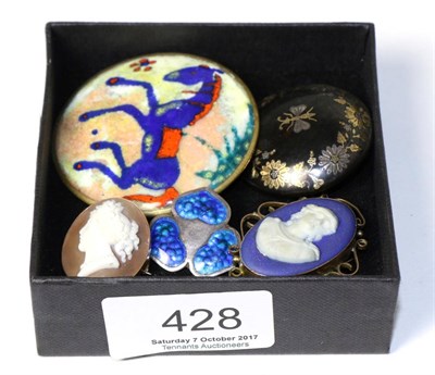 Lot 428 - Arts & Crafts silver and enamel brooch, maker's mark indistinct, Birmingham 1909; and pique...