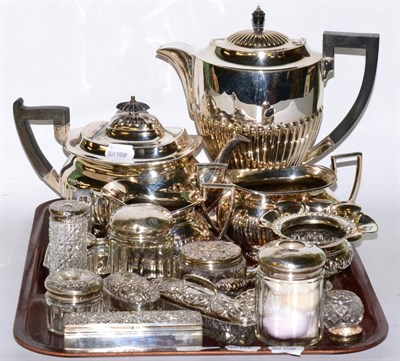 Lot 439 - Quantity of silver and glass dressing table items, together with silver plated tea wares, a...