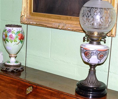 Lot 449 - Victorian oil lamp with painted opaque glass reservoir, together with a fruit painted porcelain oil