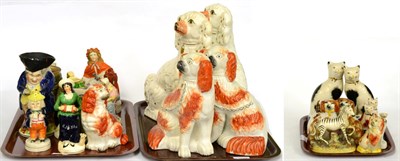 Lot 455 - Three trays of Staffordshire pottery including a zebra (a.f.); pairs of seated cats and...