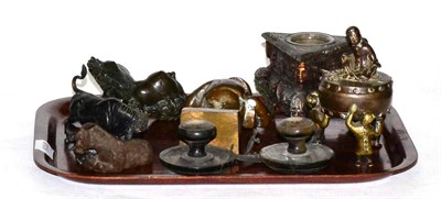 Lot 462 - Assorted metalwork including a female figure head mount; bull; dachshunds; Oriental drum from...