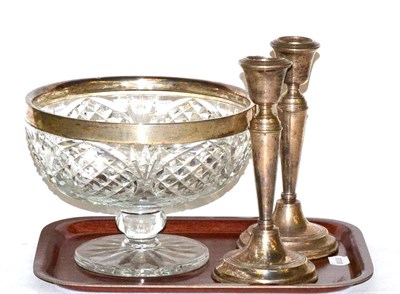 Lot 464 - Mappin & Webb silver mounted cut glass pedestal bowl, together with a pair of silver...