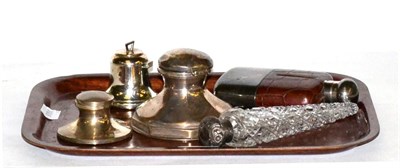 Lot 465 - Three silver inkwells, including one in the form of a bell; a silver topped scent bottle; and a...