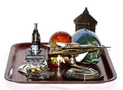 Lot 468 - Small group of collectables including a Crone jet form table lights; tabletop striker modelled as a