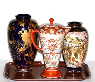 Lot 470 - Japanese Meiji Period gilt decorated blue ground vase, circa 1900; Kutani coffee pot; and a Satsuma