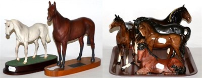 Lot 474 - Beswick and Royal Doulton Horses including a bay Shire, Black Beauty, Arkle, on wooden plinth...