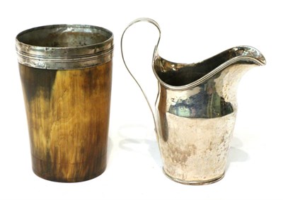 Lot 485 - George III silver mounted horn beaker, I R & Co, Sheffield 1812; and a Provincial silver cream jug