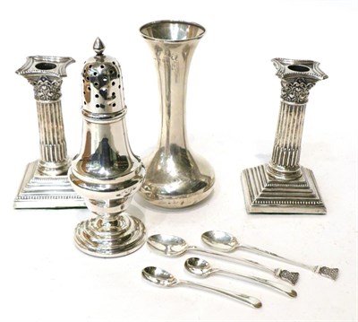 Lot 489 - A pair of Edwardian silver Corinthian column candlesticks; a silver caster and a silver...