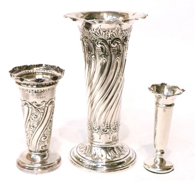 Lot 492 - A late Victorian silver vase, Fenton Bros, Sheffield, 1897; together with a similar smaller...