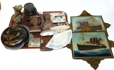 Lot 506 - Tray of collectables including Japanese lacquer box; pair of Cunard liner pictures; 17th...