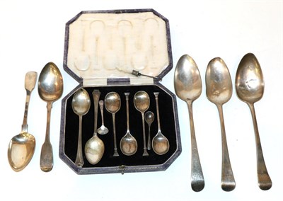 Lot 507 - Three George III silver tablespoons; pair of fiddle pattern dessert spoons; and assorted other...